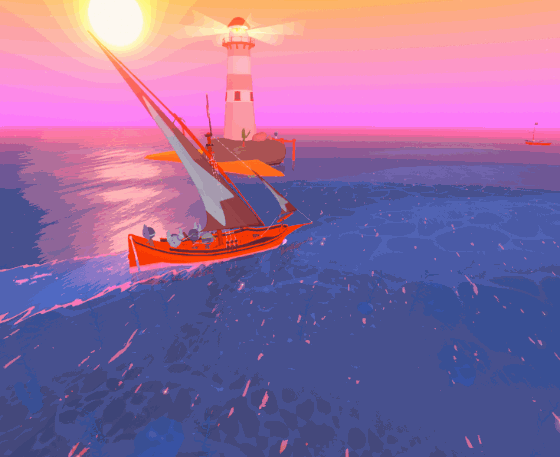 a gif of a boat sailing past a lighthouse in a colorful sunset