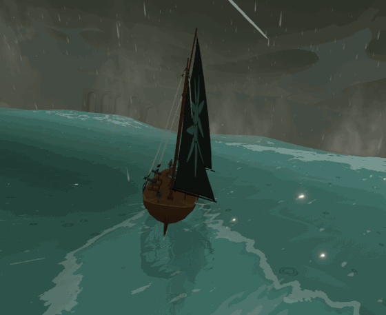 a gif of a boat sailing through a large storm with lightning striking